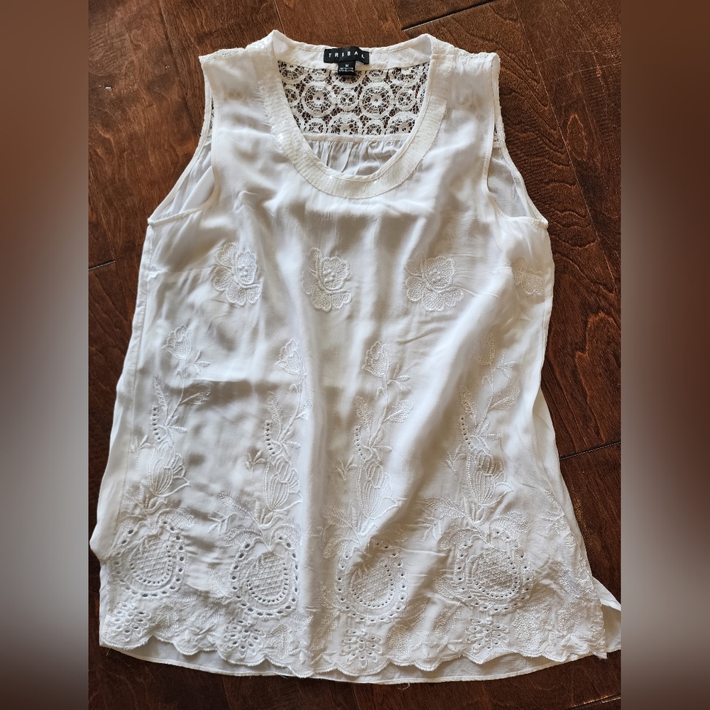 Womens Tribal lace eyelet embroidery white sleeveless  blouse size M